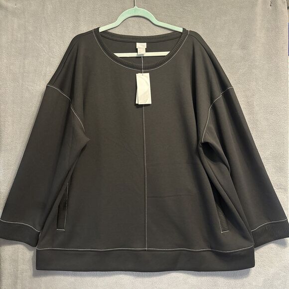NWT Chico's Zenergy Contrast Stitch Tunic Sweatshirt Pockets Size 4 XXL Black - Picture 1 of 8
